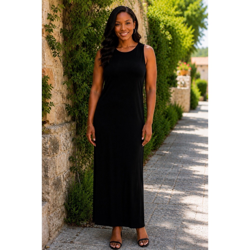 Chico's Travelers Black Maxi Dress 2 (L) Stretch Slinky Minimalist Lagenlook USA